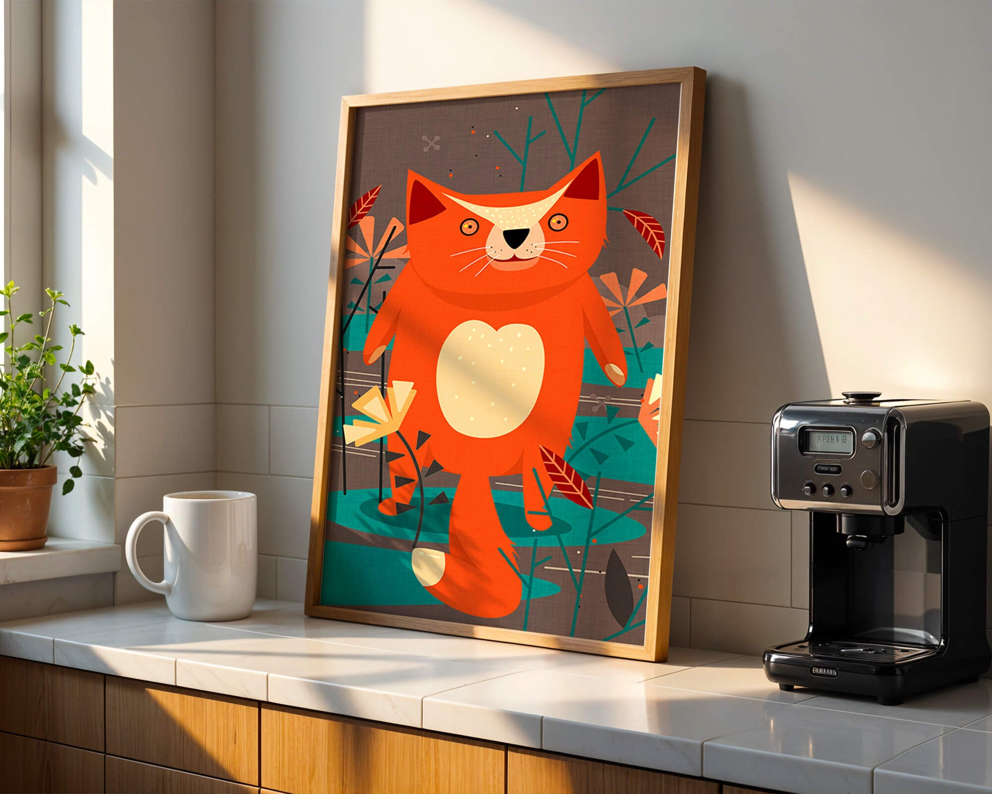 Illustration Of A Cute Orange Cat Surrounded By Stylized Trees And Plants
