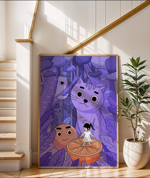 Whimsical forest scene with playful cartoon characters