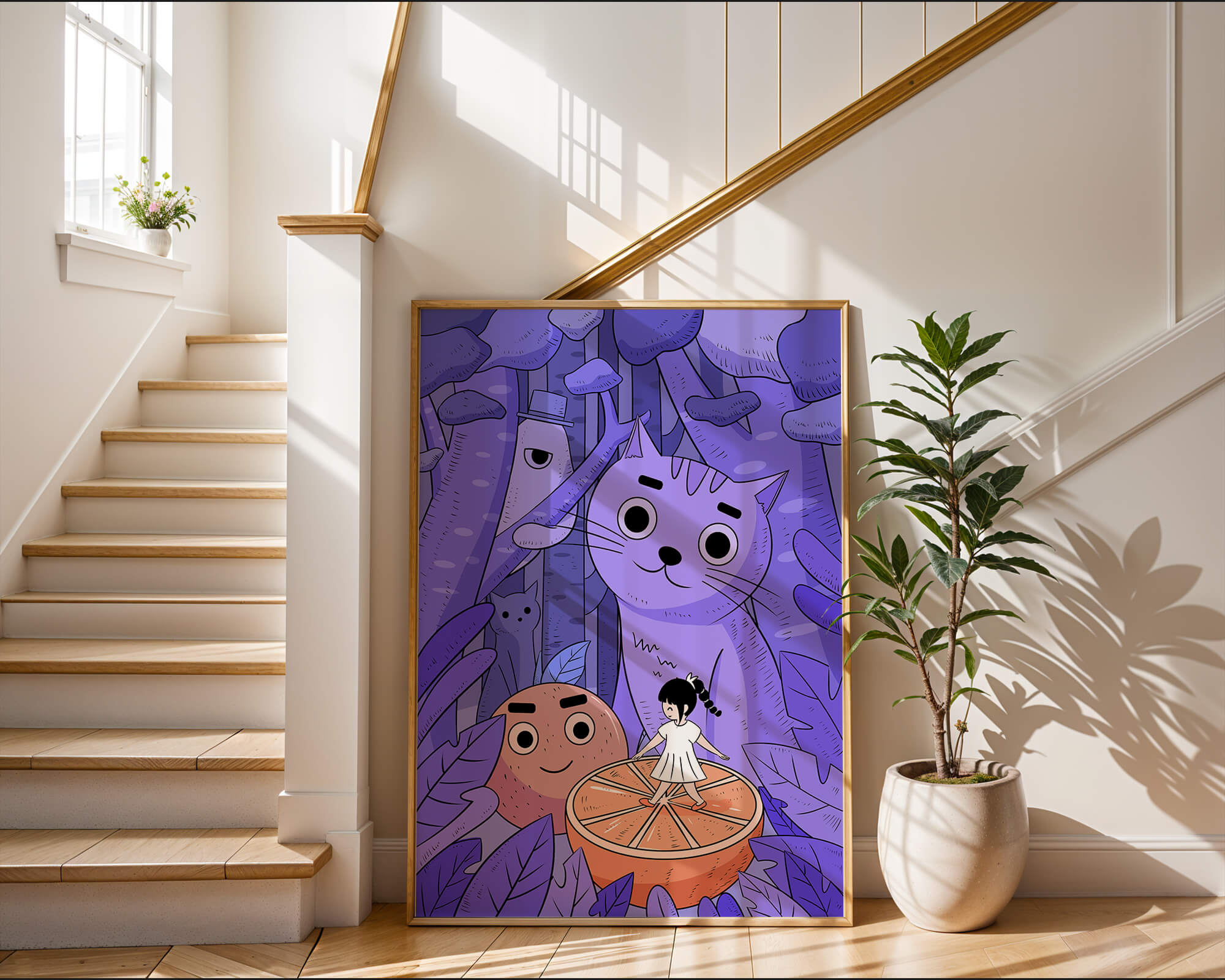 Whimsical forest scene with playful cartoon characters