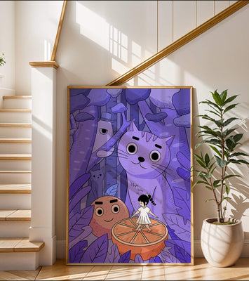 Whimsical forest scene with playful cartoon characters