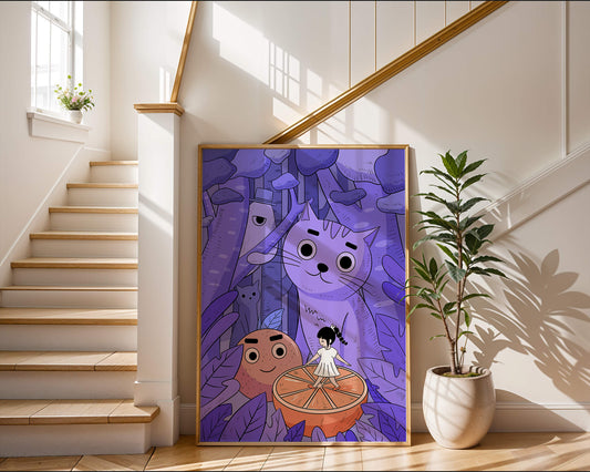 Whimsical forest scene with playful cartoon characters