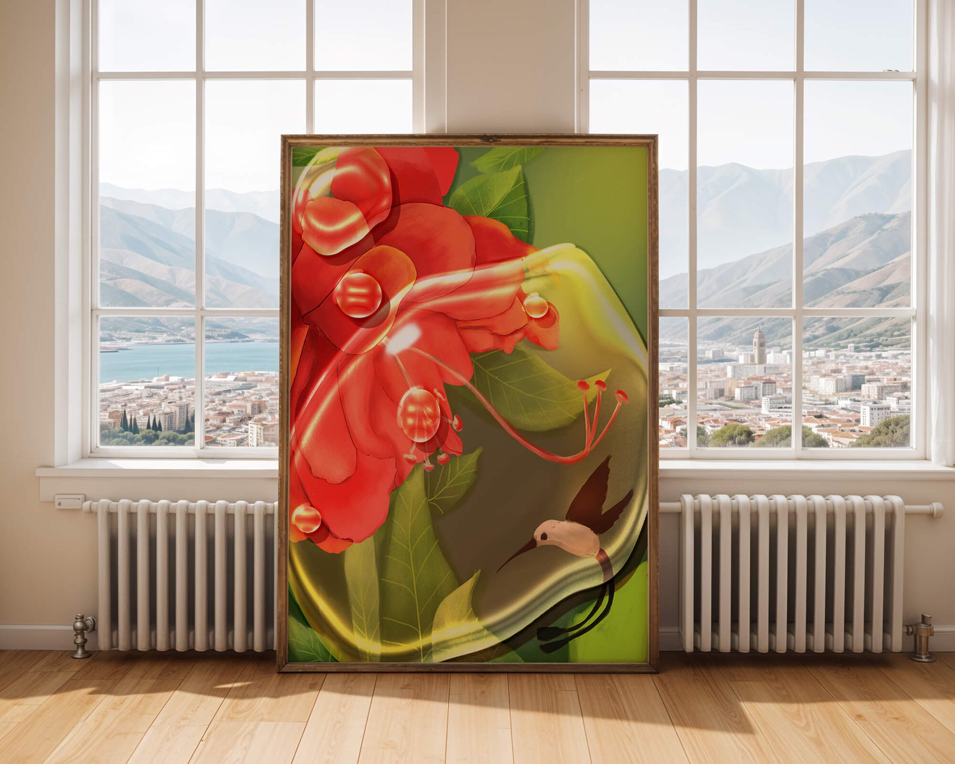 Vibrant floral illustration with hummingbird and lush greenery
