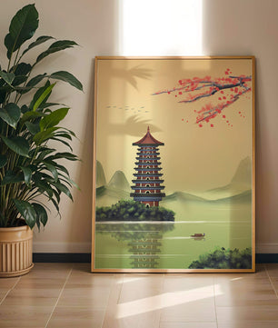 Serene landscape with traditional pagoda and blooming cherry blossoms