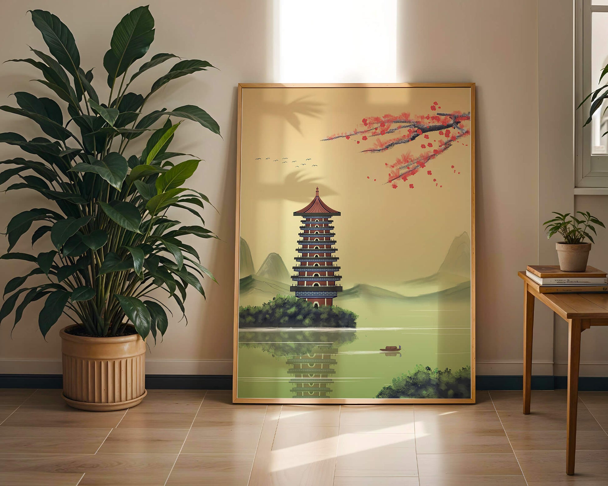 Serene landscape with traditional pagoda and blooming cherry blossoms