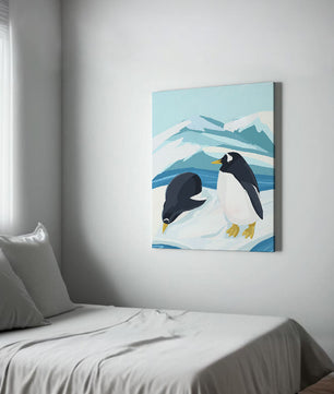 Gentoo penguins in an Antarctic landscape illustration
