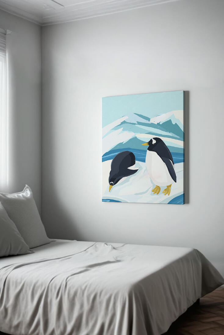 Gentoo penguins in an Antarctic landscape illustration