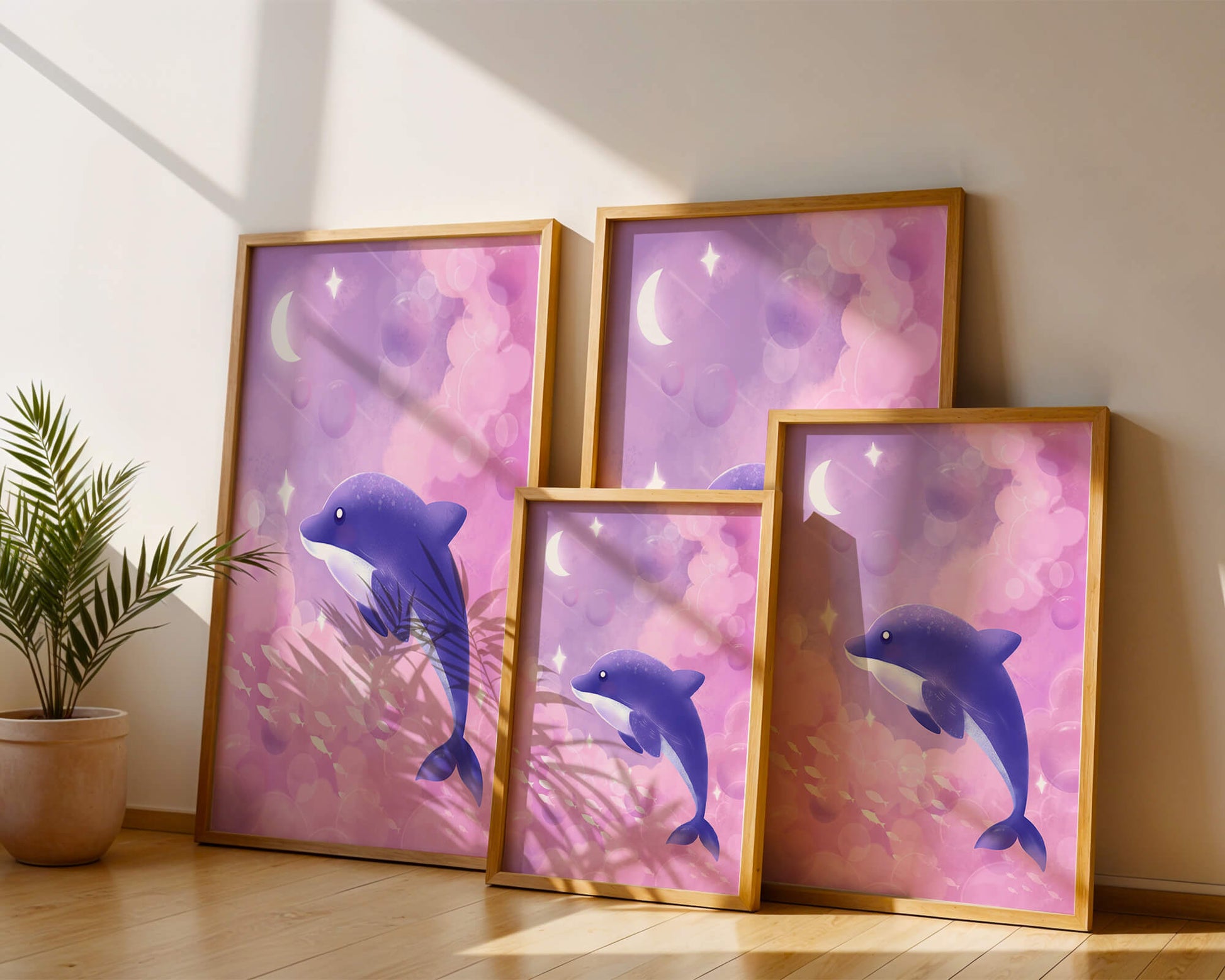 Dreamlike underwater scene with dolphin and moonlit sky