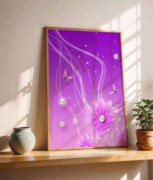 Design floral violet rêveur avec des papillons et des perles