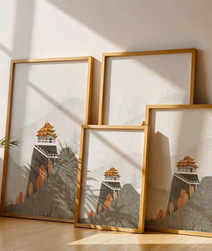 Serene landscape with traditional pagoda and autumn trees