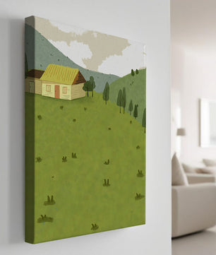 Charming countryside landscape with house and green hills
