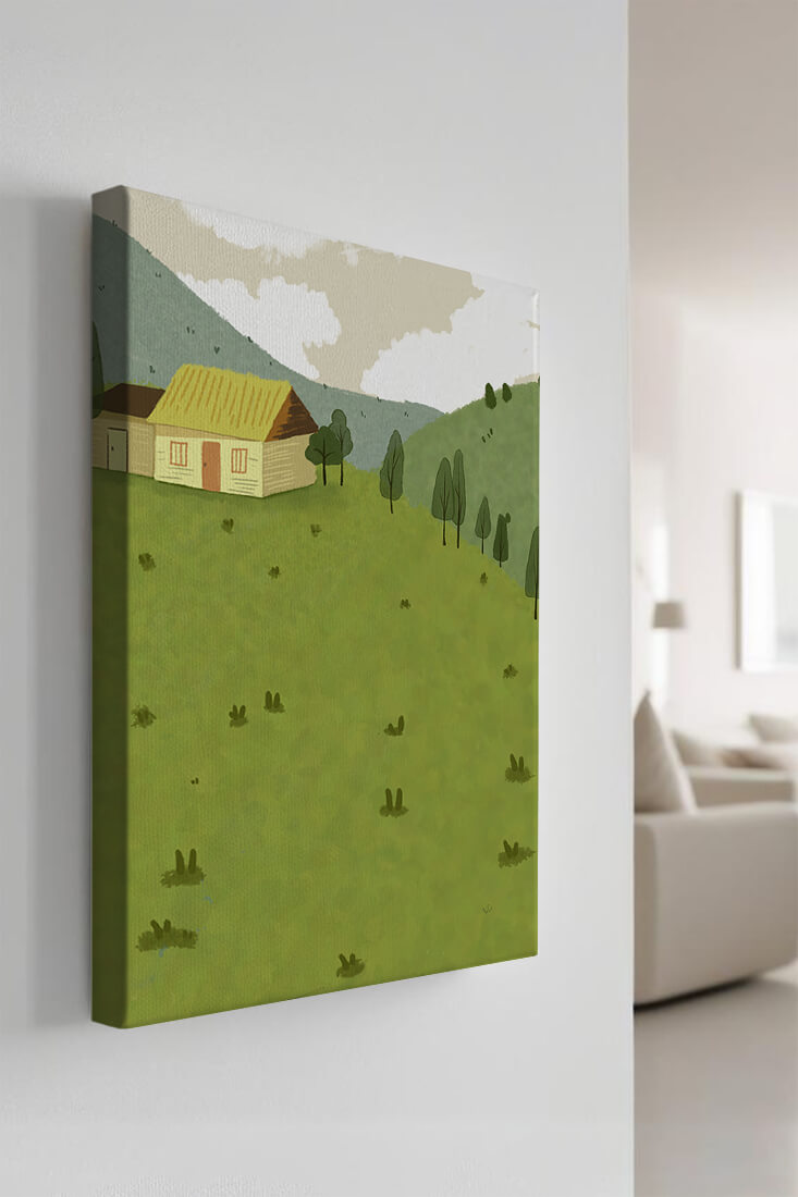 Charming countryside landscape with house and green hills