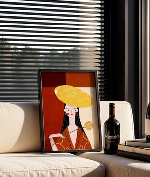Elegant Woman with a Gold Hat and a Flower on a Red Background - Mi tienda