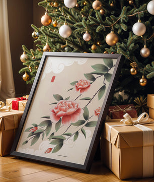 Oriental floral illustration with pink peonies and calligraphy