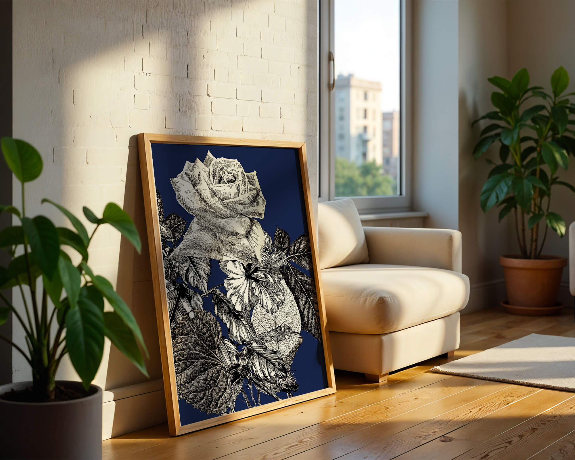 Intricate botanical illustration of roses and foliage on a deep blue background