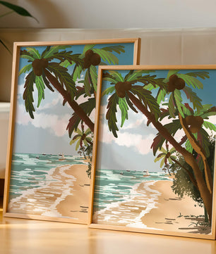 Tranquil Beach Scene with Palm Trees and Sailboats