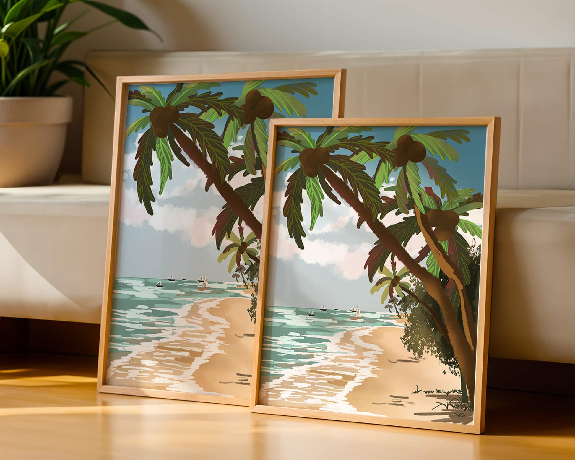 Tranquil Beach Scene with Palm Trees and Sailboats