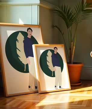 Illustration of a man standing with abstract leaf background