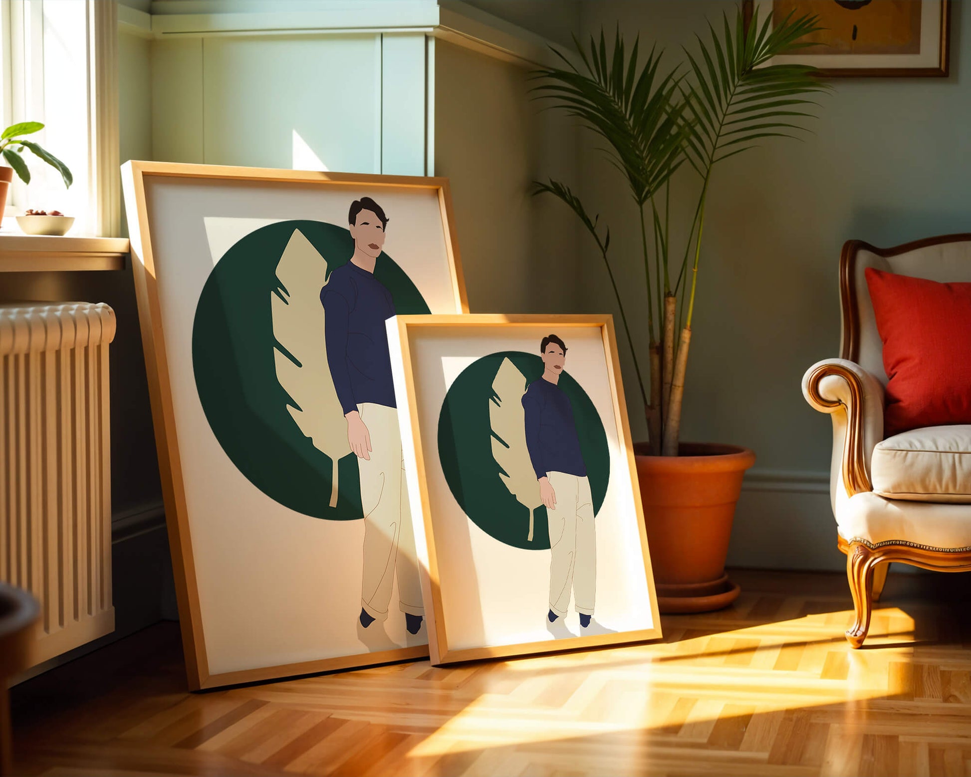 Illustration of a man standing with abstract leaf background
