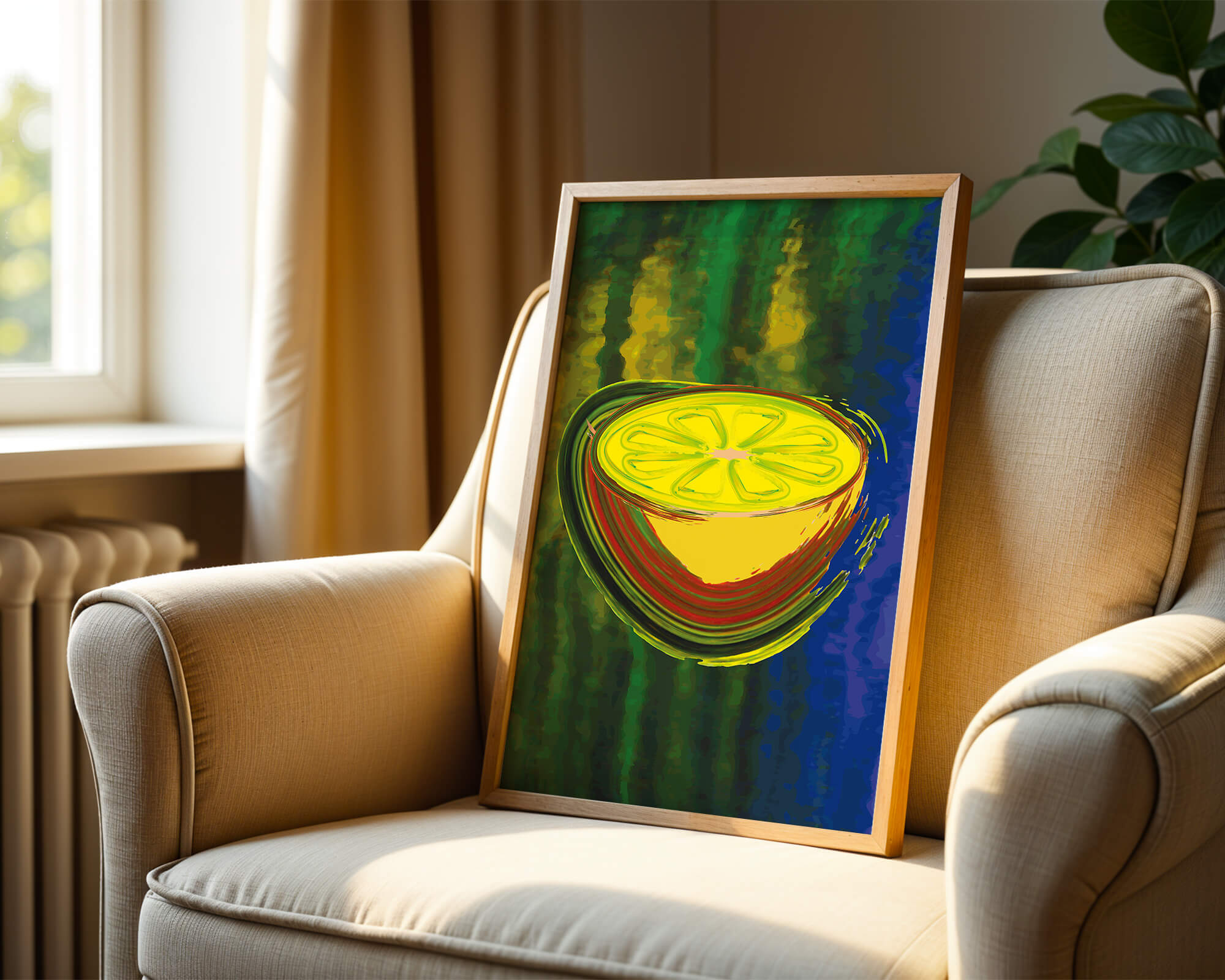 Vibrant abstract lemon slice with a colorful background