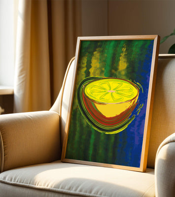 Vibrant abstract lemon slice with a colorful background