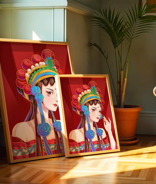 Traditional Asian art depicting stylized woman with ornate headdress