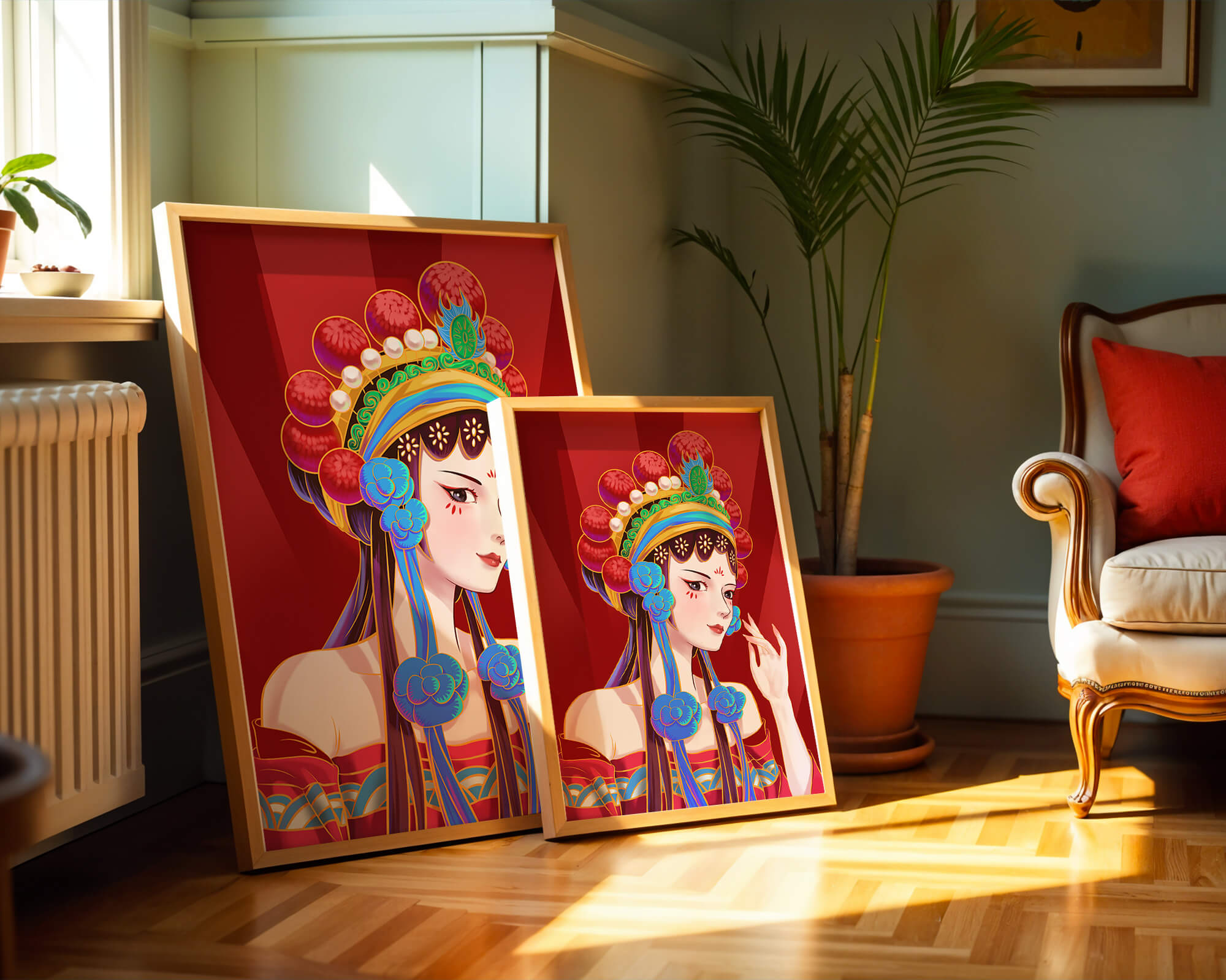 Traditional Asian art depicting stylized woman with ornate headdress