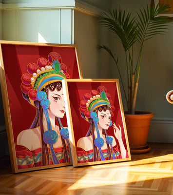 Traditional Asian art depicting stylized woman with ornate headdress