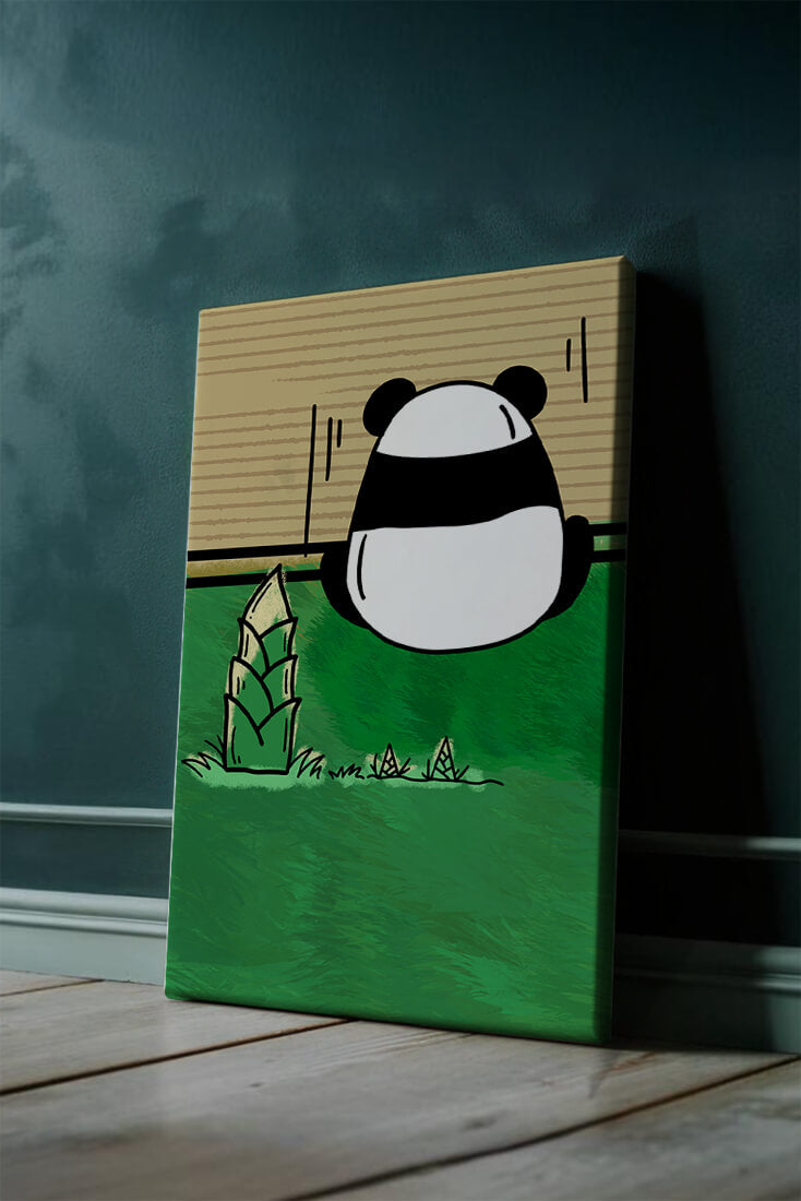 Whimsical panda in a green bamboo forest background