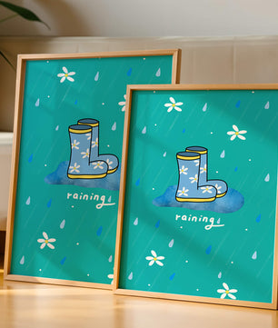 Colorful rain boots with floral pattern on a rainy background