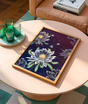Lotus Flowers and Butterflies in a Starry Night Sky with Gold Accents - Mi tienda
