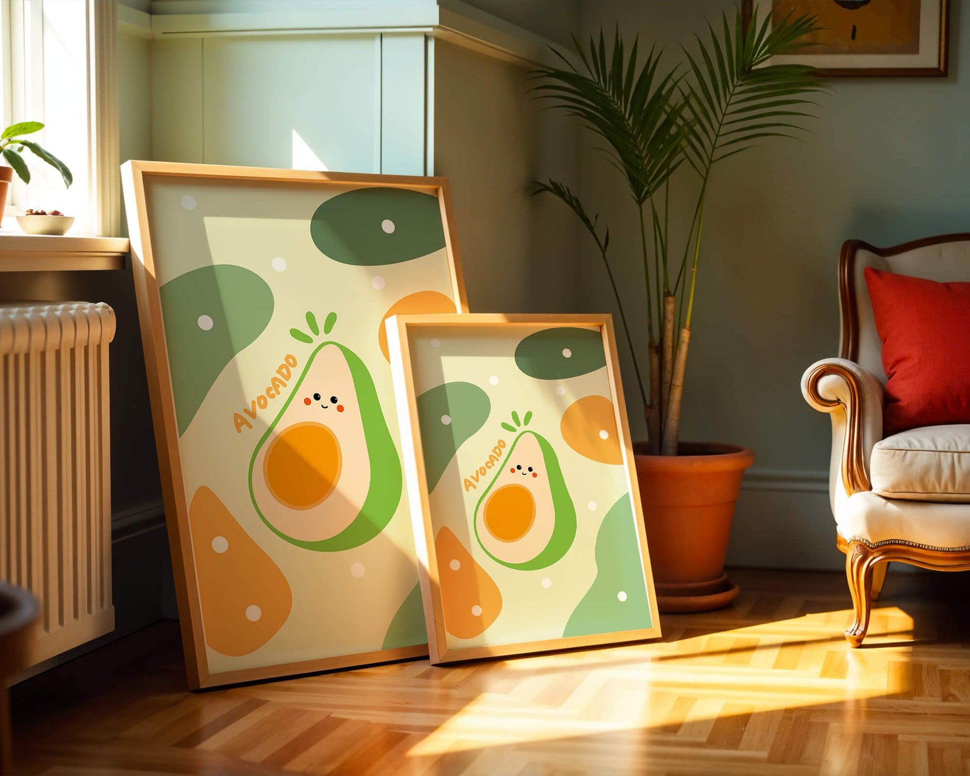 Adorable cartoon avocado design with colorful background