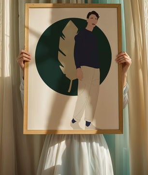 Illustration of a man standing with abstract leaf background