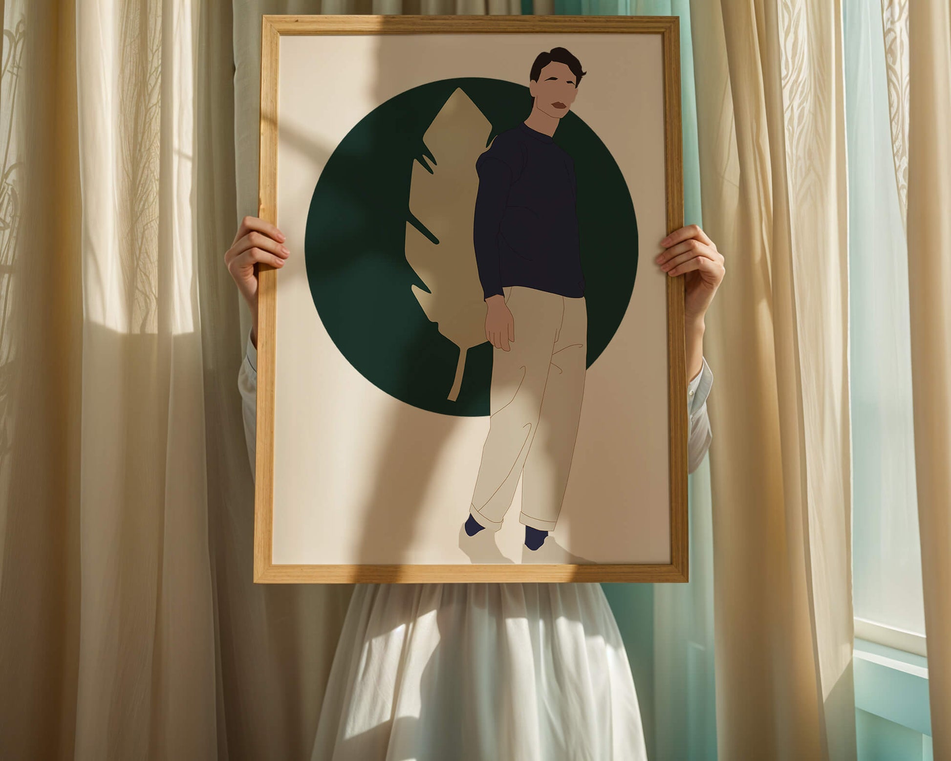 Illustration of a man standing with abstract leaf background