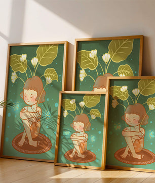 Ilustración de un niño con tocado floral y mariposas