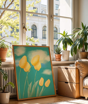 Stylized yellow tulips against a cloudy blue sky background