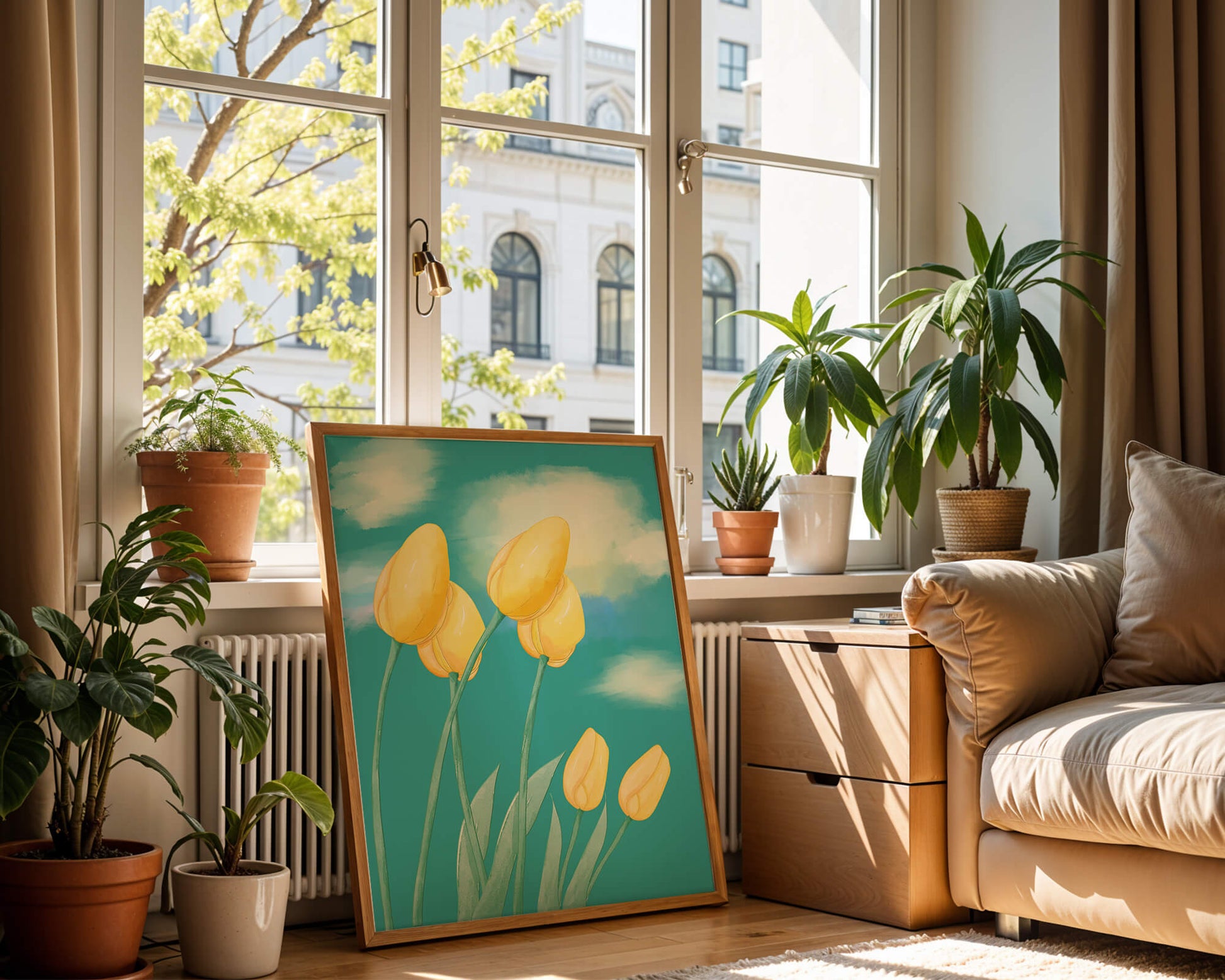 Stylized yellow tulips against a cloudy blue sky background