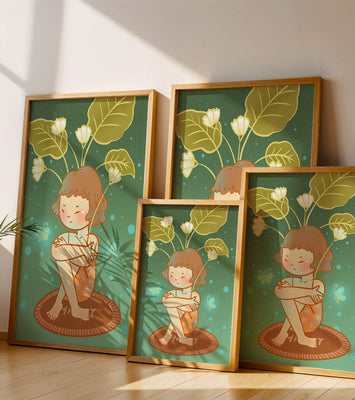 Child with floral headpiece and butterflies illustration