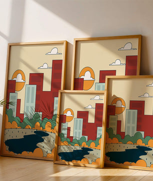 Cityscape At Sunset With Park And Lake