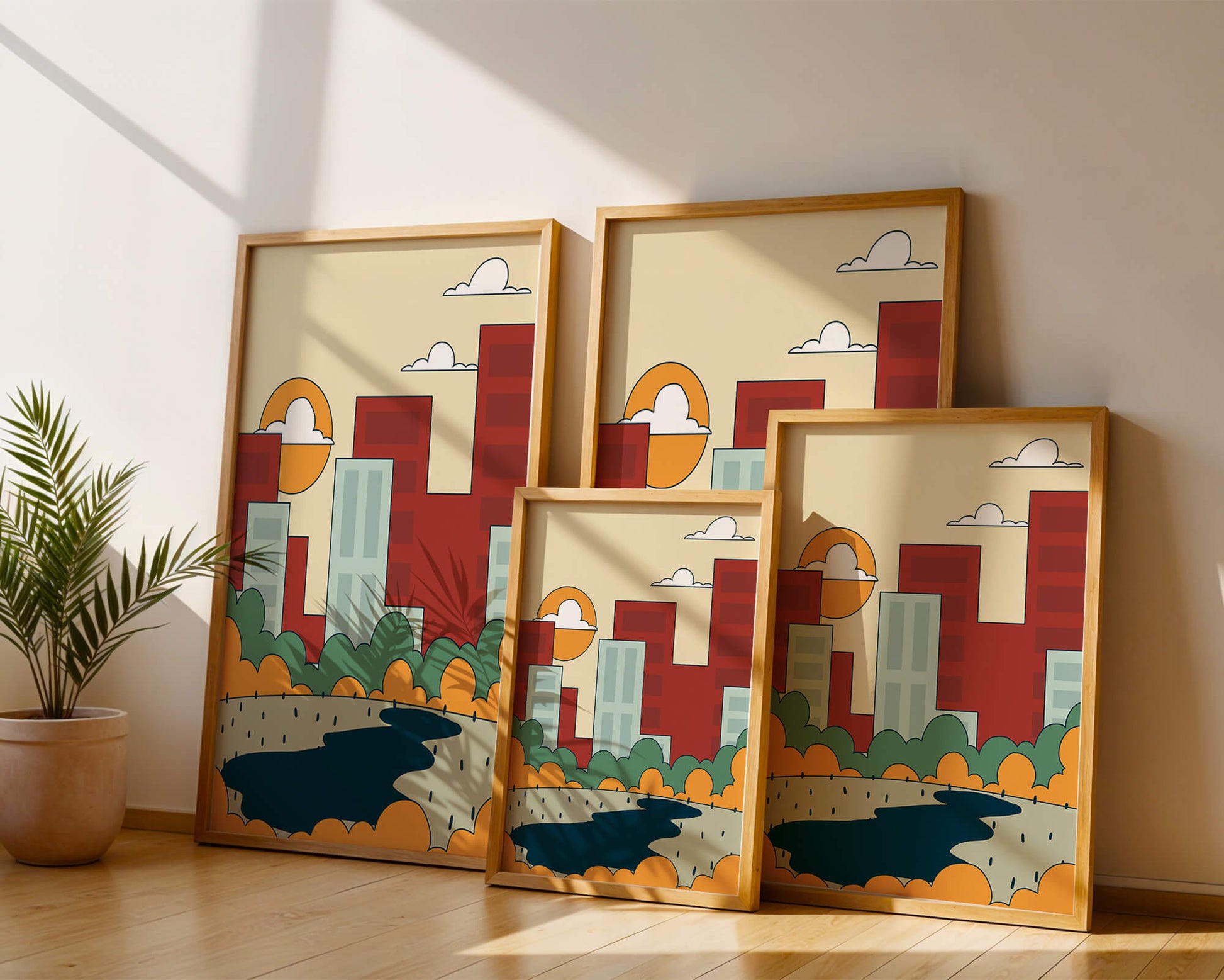Cityscape At Sunset With Park And Lake