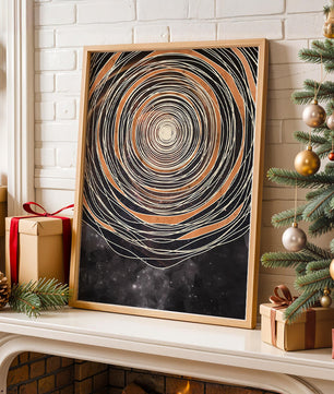 Espiral cósmica abstracta con patrones ovalados concéntricos y fondo estrellado