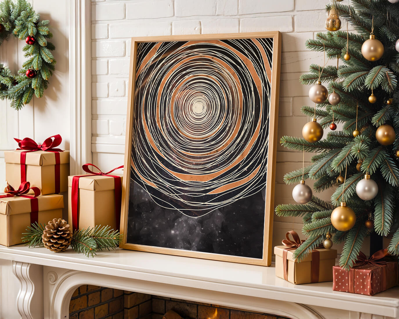 Abstract cosmic spiral with concentric oval patterns and starry background