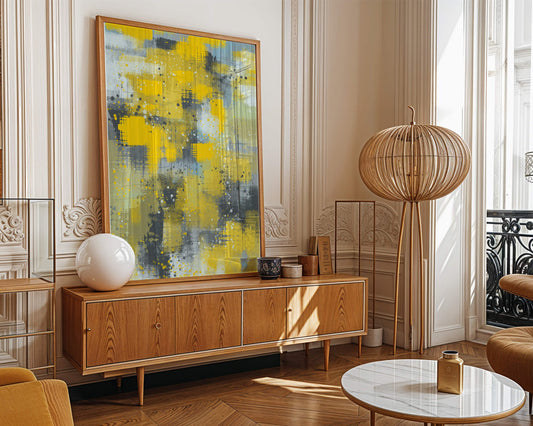 Abstract Yellow and Gray Geometric Art with Textured Patterns