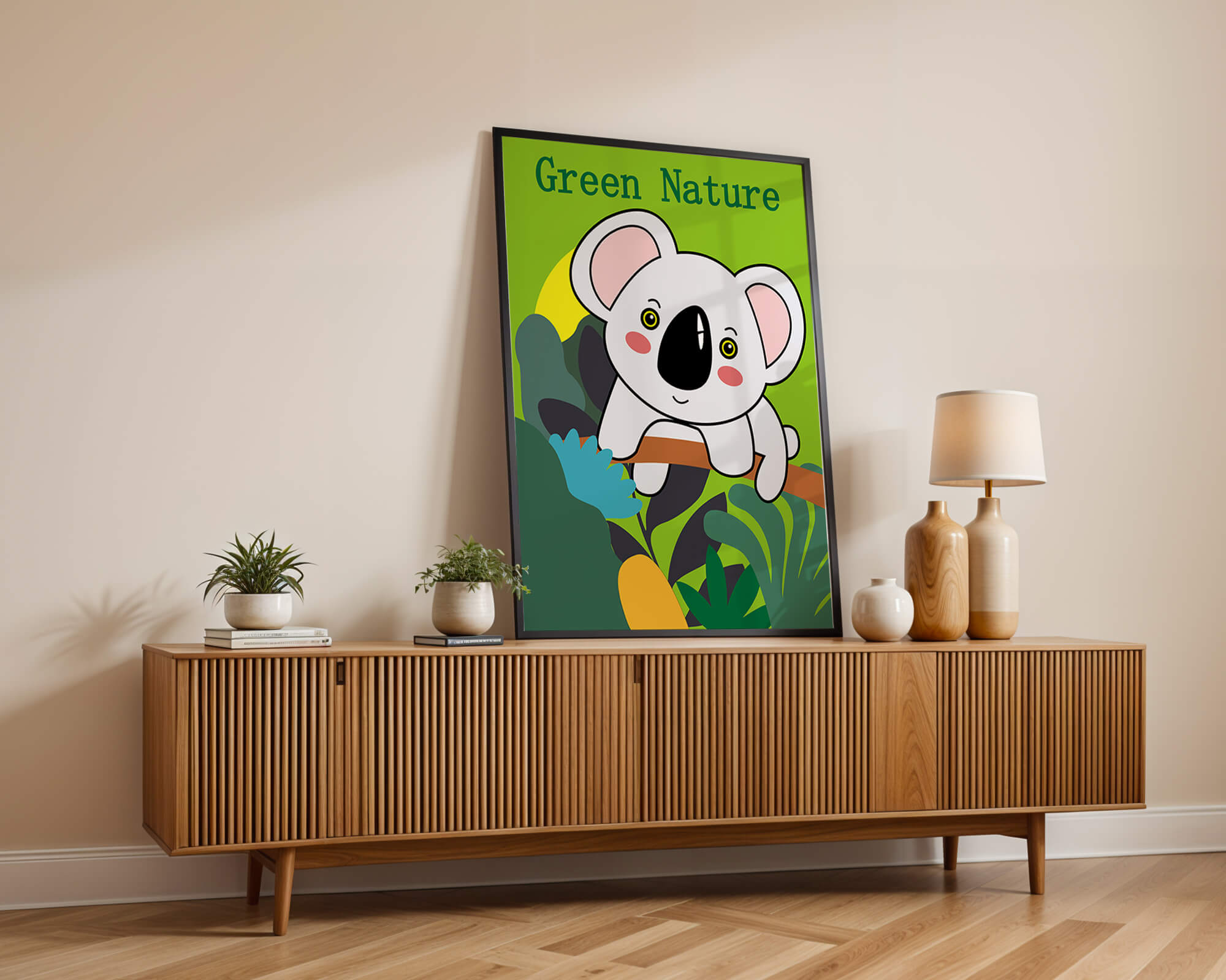 Adorable koala on a branch in lush green nature illustration