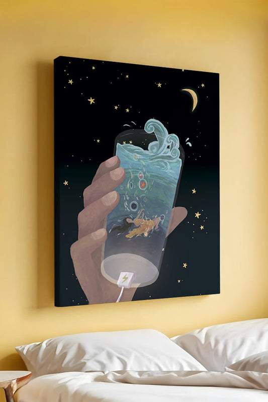 Abstract night sky scene with hand holding a glass of swirling water