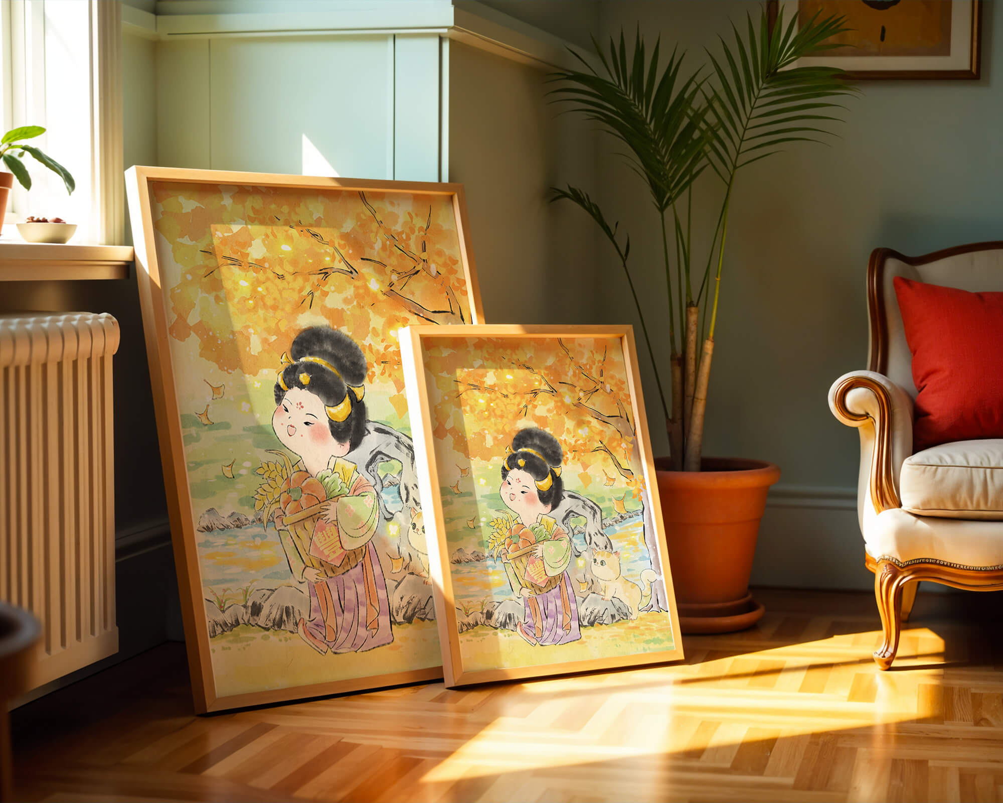 Charming watercolor scene of girl with basket in autumn setting