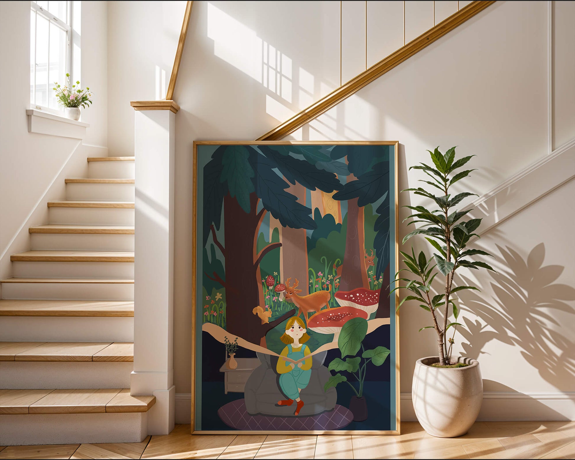 Figura femenina pacífica con criaturas del bosque y vegetación verde exuberante