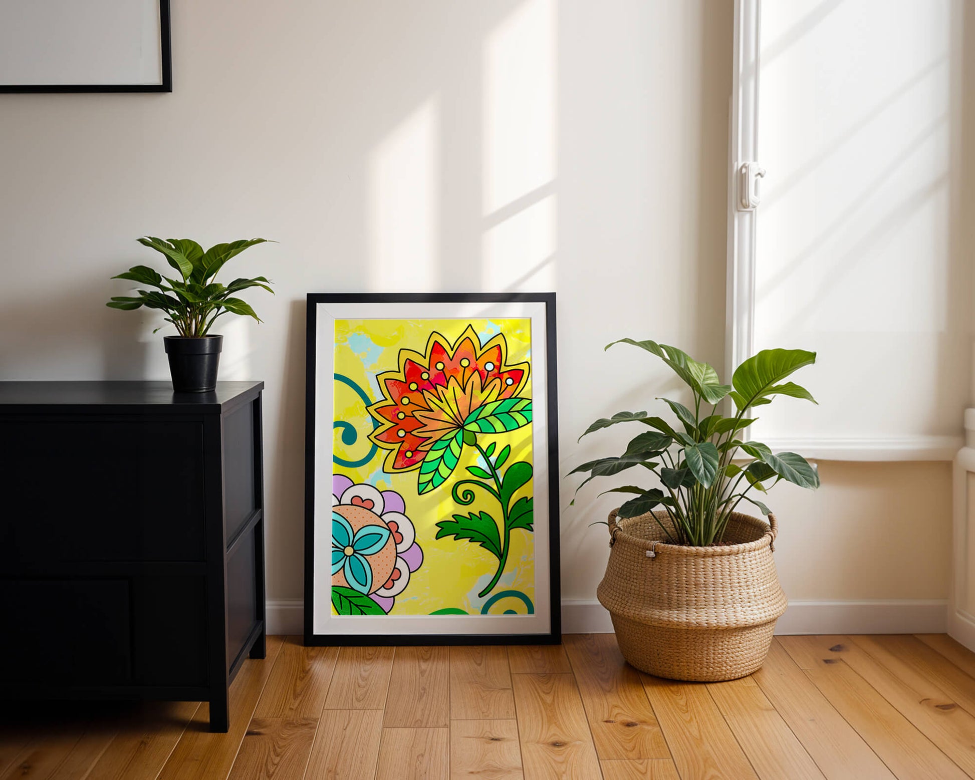 Colorful abstract floral illustration with bright yellow background