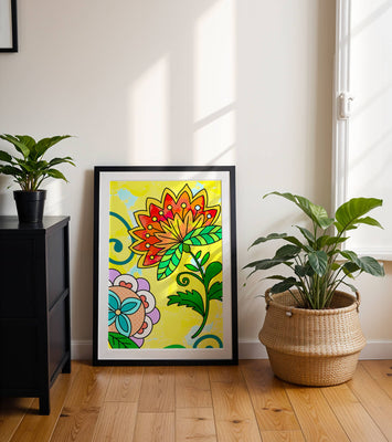 Colorful abstract floral illustration with bright yellow background