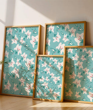 Motif floral avec des lys blancs sur un fond turquoise