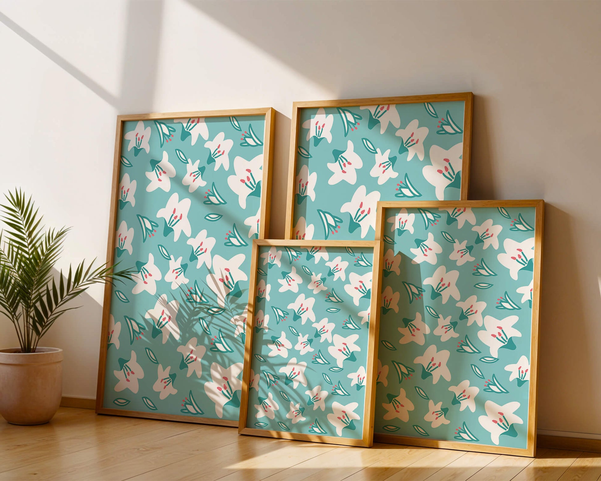 Floral pattern with white lilies on a turquoise background